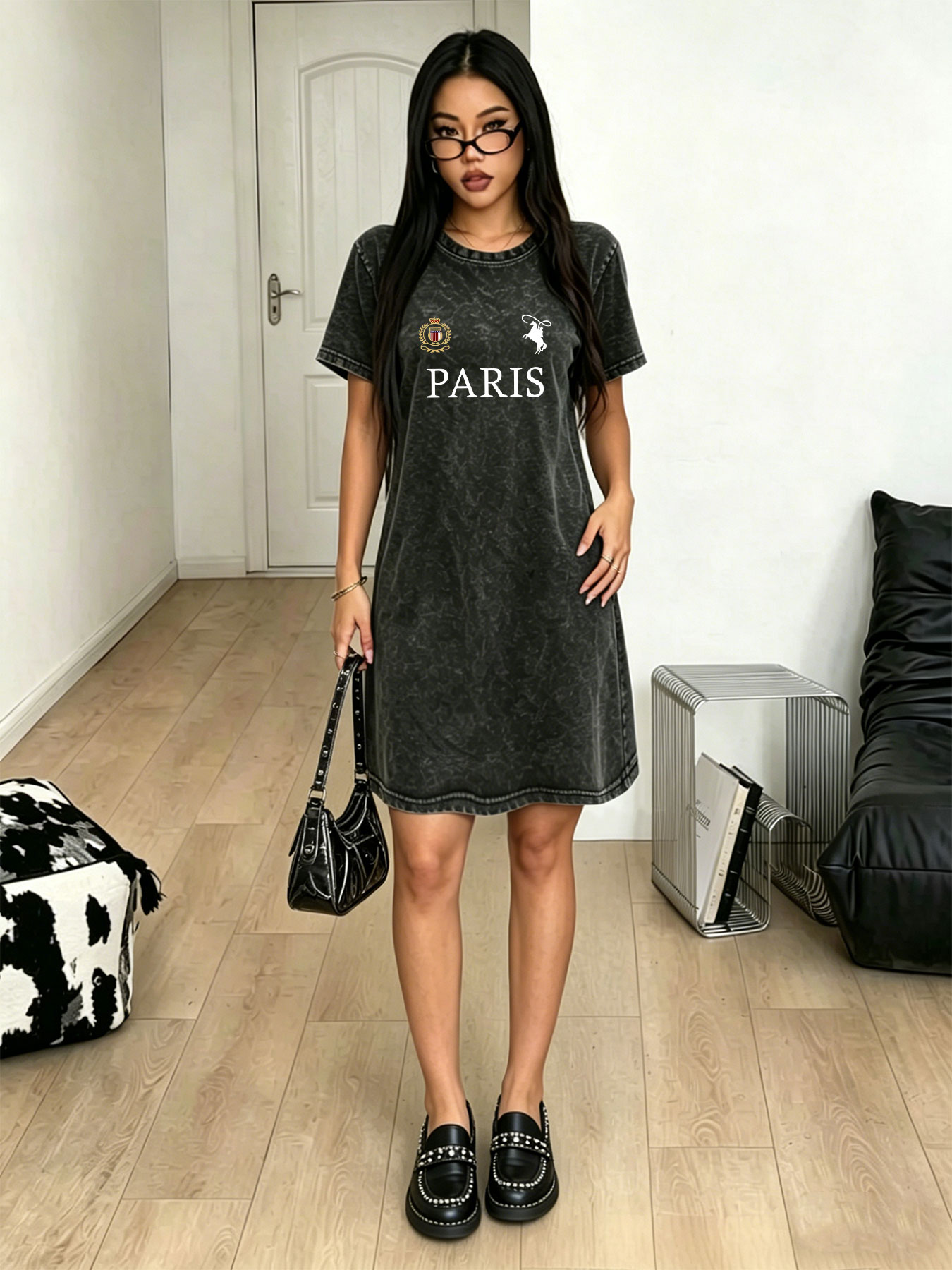 Streetwear Brand Paris - เดรสเสื้อยืดวินเทจผู้หญิง แบรนด์แฟชั่นสตรีทแวร์ พิมพ์ลายตัวอักษร 