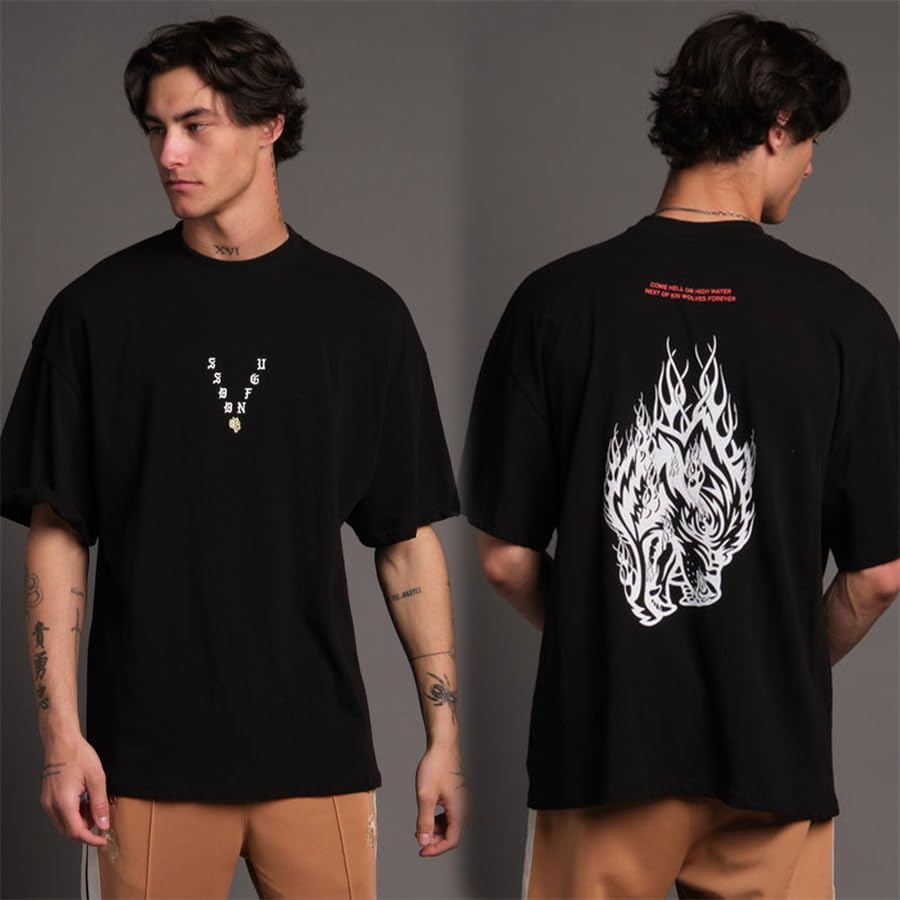Streetwear Gym Brand - เสื้อยืดลายกราฟิกหัวหมาป่าไฟ โลโก้คลาสสิก แบรนด์สตรีทแฟชั่น สำหรับออกกำลังกาย ฟิตเนส กีฬา
