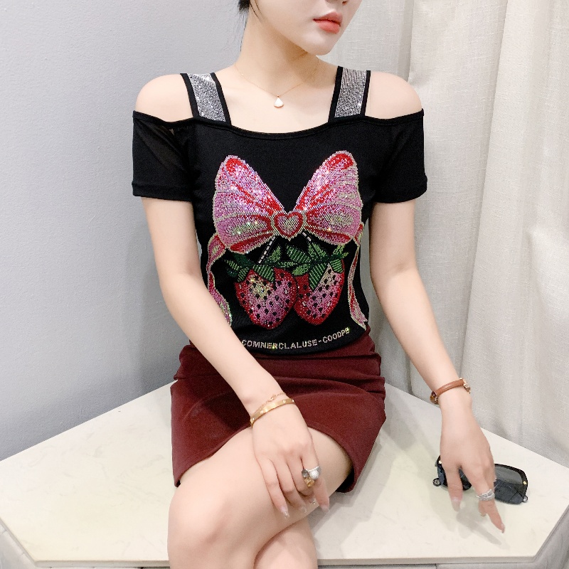 Streetwear Brand Drops - ฤดูร้อนผู้หญิงยุโรปเสื้อผ้าเสื้อยืดเซ็กซี่หรูหราร้อนเพชรElegant Topsหญิงออกแบบแบรนด์โบว์Streetwear Tees