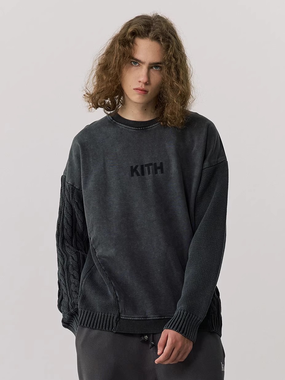 Kith Sweater Knit - เสื้อสเวตเตอร์ถักหนา คอกลม แบบสวม ฮู้ดดี้ผู้ชาย ลายปะติด ให้ความอบอุ่น