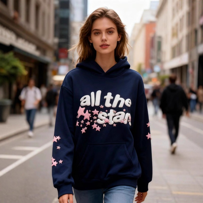 Streetwear Brand Drops - เสื้อสเวตเชิ้ตพิมพ์ลายตัวอักษรโฟมประดับเพชร สไตล์ยุโรปอเมริกัน แบรนด์สตรีทแวร์ ทรงหลวม สำหรับคู่รัก