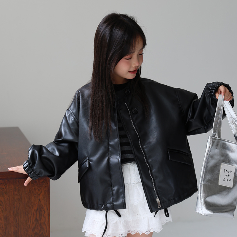 Streetwear Brand Logo Design - เสื้อแจ็คเก็ตหนัง PU สไตล์ร็อคสีดำชมพูหวานสำหรับเด็กผู้หญิงอายุ 2-12 ปี เสื้อโค้ทกันน้ำกันลมสำหรับเด็ก