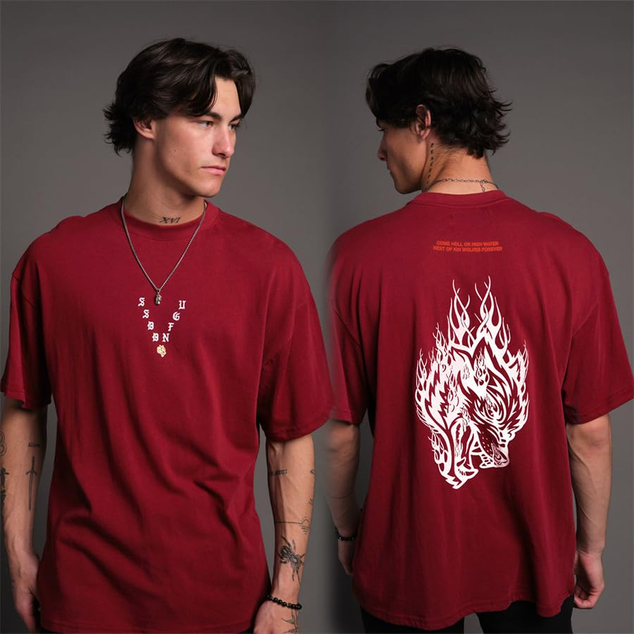เสื้อยืดลายกราฟิกหัวหมาป่าไฟ โ - Streetwear Gym Brand บทวิจารณ์และราคา