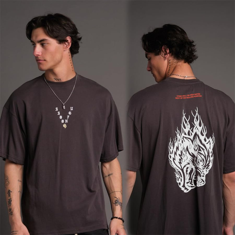 เสื้อยืดลายกราฟิกหัวหมาป่าไฟ โ - Streetwear Gym Brand บทวิจารณ์และราคา